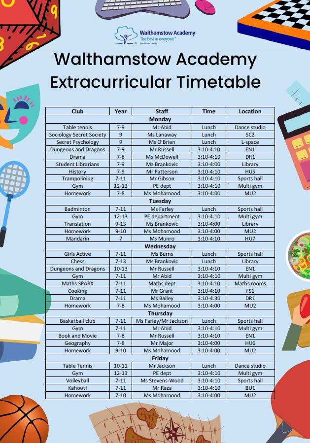 Extracurricular Timetable Jan 2023